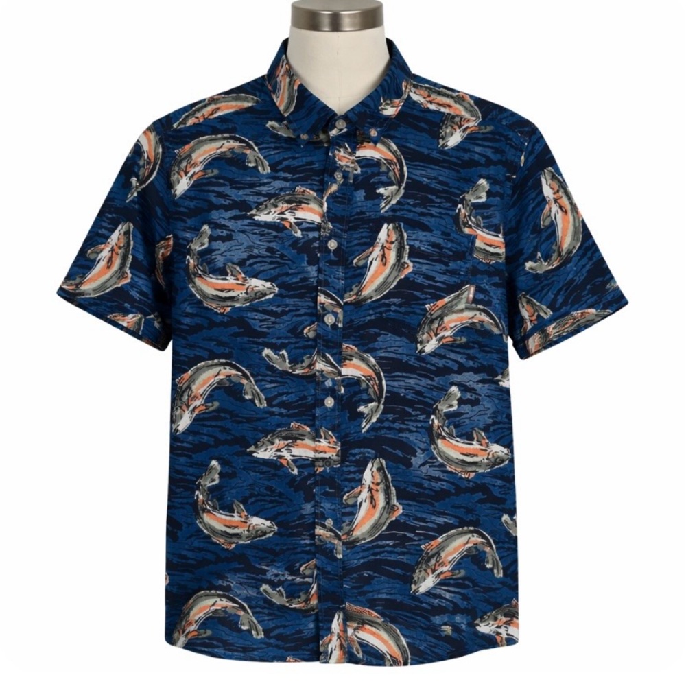 Eddie Bauer Men’s Trout Fishing Shirt Blue Fish Print Camp Button Down Shirt